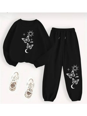 Kids Face Özel Tasarım Ay Güneş Kelebekler Baskılı %100 Pamuk Kışlık Yuvarlak Yaka Kız Çocuk Eşofman Takımı