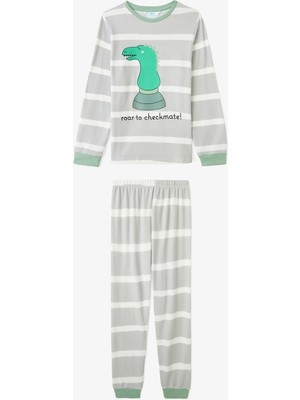 Penti Açık Gri Erkek Çocuk Chess Play Dinozor Desenli Termal Etkili  Pijama Takımı