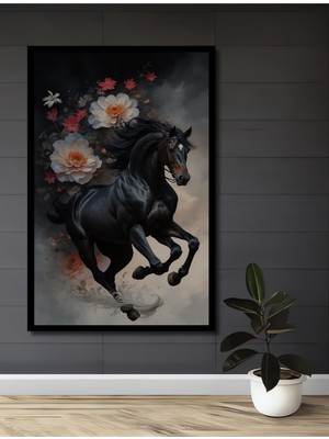 Teona Ahşap Çerçeve Görünümlü Güçlü Siyah At Çiçeklerle Dekoratif Ahşap Mdf Tablo Dikdörtgen Tablo