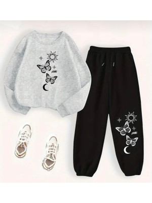 Kids Face Özel Tasarım Ay Güneş Kelebekler Baskılı %100 Pamuk Kışlık Yuvarlak Yaka Kız Çocuk Eşofman Takımı