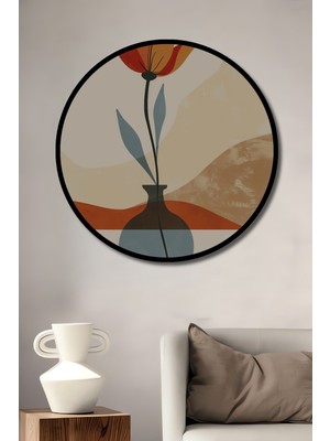 Teona Ahşap Çerçeve Görünümlü Kırmızı Çiçek Vazoda Modern Ahşap Mdf Dekoratif Tablo Yuvarlak Tablo