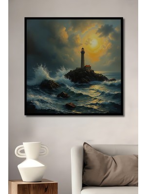 Teona Ahşap Çerçeve Görünümlü Fırtınalı Deniz Feneri Dekoratif Ahşap Mdf Tablo Dikdörtgen Tablo
