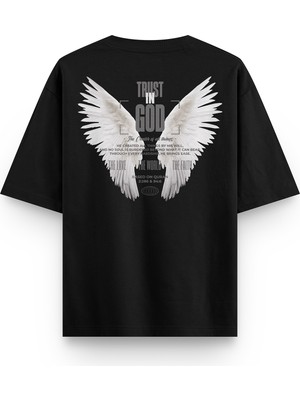 Overoz Siyah Yarı Oversize Tshirt Trust In God Melek Kanadı Angel Baskılı Oversize Tişört 1387