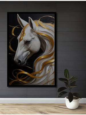Teona Ahşap Çerçeve Görünümlü Altın Sarmallı Beyaz At Dekoratif Ahşap Mdf Tablo Dikdörtgen Tablo