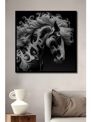 Teona Ahşap Çerçeve Görünümlü Desenli Siyah Beyaz At Ahşap Mdf Dekoratif Tablo Dikdörtgen Tablo