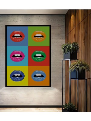 Teona Ahşap Çerçeve Görünümlü Pop Art Renkli Dudaklar Ahşap Mdf Dekoratif Tablo Dikdörtgen Tablo