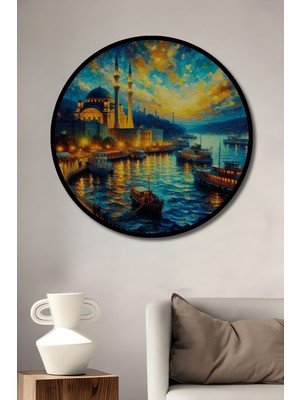 Teona Ahşap Çerçeve Görünümlü Istanbul Boğazı Manzarası Ahşap Mdf Dekoratif Tablo Yuvarlak Tablo