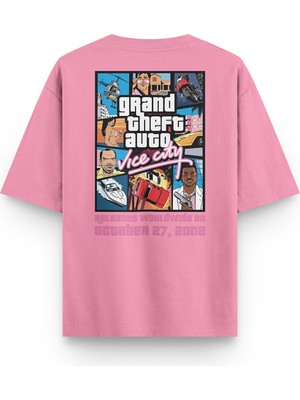 Overoz Gta Vice City Yarı Oversize Sırt Baskılı Pembe Tshirt 1314