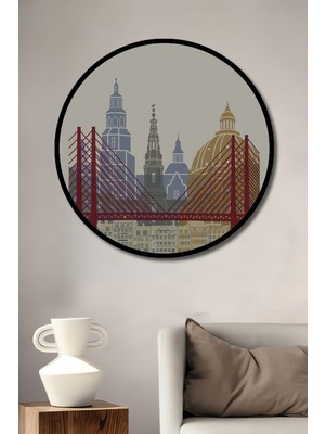 Teona Ahşap Çerçeve Görünümlü Dekoratif Ahşap Mdf Kopenhag Şehir Silueti Tablosu Yuvarlak Tablo