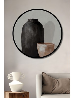 Teona Ahşap Çerçeve Görünümlü Siyah Vazo ve Kil Çömlek Dekoratif Ahşap Mdf Tablo Yuvarlak Tablo