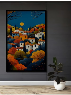 Teona Ahşap Çerçeve Görünümlü Sonbahar Köy Manzarası Dekoratif Ahşap Mdf Tablo Dikdörtgen Tablo