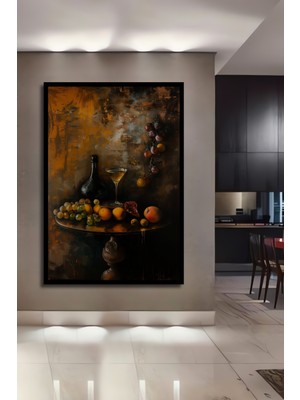 Teona Ahşap Çerçeve Görünümlü Meyve ve Şarap Natürmort Dekoratif Ahşap Mdf Tablo Dikdörtgen Tablo
