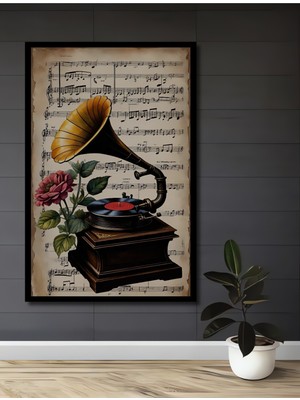 Teona Ahşap Çerçeve Görünümlü Gramofon ve Gül Temalı Dekoratif Ahşap Mdf Tablo Dikdörtgen Tablo