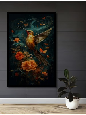 Teona Ahşap Çerçeve Görünümlü Sihirli Çiçekler ve Kuş Dekoratif Ahşap Mdf Tablo Dikdörtgen Tablo