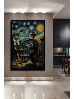 Teona Ahşap Çerçeve Görünümlü Van Gogh Yıldızlı Gece Ahşap Mdf Dekoratif Tablo Dikdörtgen Tablo
