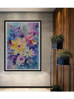 Teona Ahşap Çerçeve Görünümlü Renkli Çiçeklerle Bahar Dekoratif Ahşap Mdf Tablo Dikdörtgen Tablo