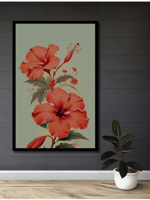 Teona Ahşap Çerçeve Görünümlü Kırmızı Hibiskus Çiçeği Dekoratif Ahşap Mdf Tablo Dikdörtgen Tablo