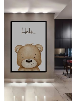 Teona Ahşap Çerçeve Görünümlü Sevimli Ayıcık Merhaba Ahşap Mdf Dekoratif Tablo Dikdörtgen Tablo