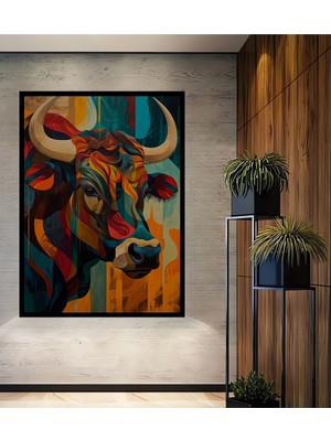 Teona Ahşap Çerçeve Görünümlü Renkli Boğa Soyut Sanat Ahşap Mdf Dekoratif Tablo Dikdörtgen Tablo