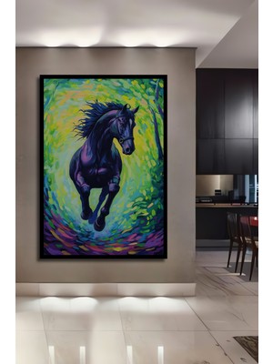 Teona Ahşap Çerçeve Görünümlü Kara Atın Büyülü Koşusu Dekoratif Ahşap Mdf Tablo Dikdörtgen Tablo