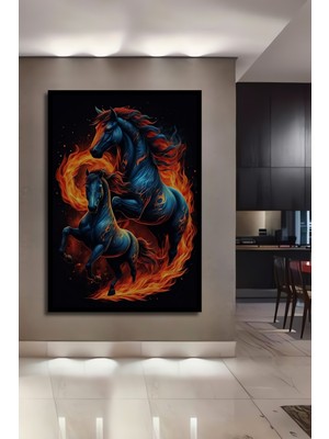 Teona Ahşap Çerçeve Görünümlü Alevlerin Içindeki Atlar Ahşap Mdf Dekoratif Tablo Dikdörtgen Tablo
