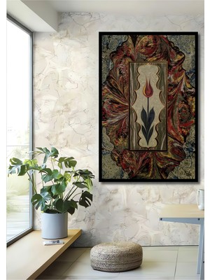 Teona Ahşap Çerçeve Görünümlü Lale Desenli Ebru Sanatı Ahşap Mdf Dekoratif Tablo Dikdörtgen Tablo