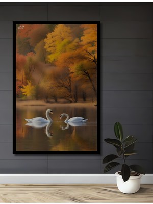Teona Ahşap Çerçeve Görünümlü Sonbahar Gölünde Kuğular Ahşap Mdf Dekoratif Tablo Dikdörtgen Tablo