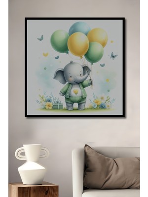 Teona Ahşap Çerçeve Görünümlü Sevimli Fil ve Balonlar Dekoratif Ahşap Mdf Tablo Dikdörtgen Tablo