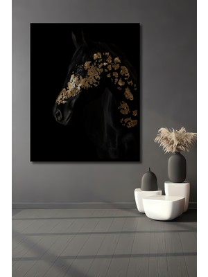 Teona Ahşap Çerçeve Görünümlü Altın Desenli Siyah At Ahşap Mdf Dekoratif Tablo Dikdörtgen Tablo