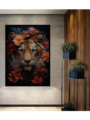 Teona Ahşap Çerçeve Görünümlü Çiçekler Arasında Aslan Dekoratif Ahşap Mdf Tablo Dikdörtgen Tablo