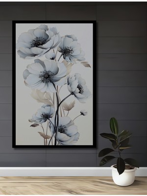Teona Ahşap Çerçeve Görünümlü Beyaz Çiçekler Elegan Dekoratif Ahşap Mdf Ev Duvar Tablo Dikdörtgen Ev Duvar Tablo