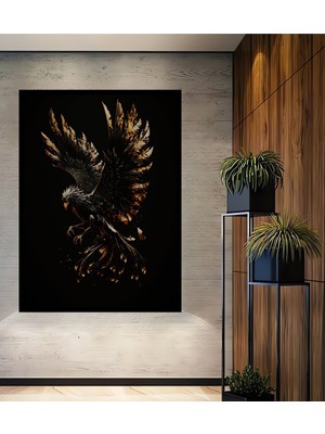 Teona Ahşap Çerçeve Görünümlü Altın Kanatlı Kartal Dekoratif Ahşap Mdf Ev Duvar Tablo Dikdörtgen Ev Duvar Tablo