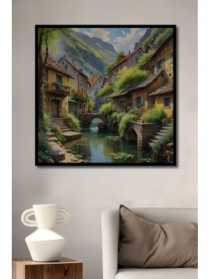 Teona Ahşap Çerçeve Görünümlü Masalsı Köy Manzarası Dekoratif Ahşap Mdf Ev Duvar Tablo Dikdörtgen Ev Duvar Tablo