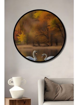 Teona Ahşap Çerçeve Görünümlü Sonbahar Gölünde Kuğular Ahşap Mdf Dekoratif Tablo Yuvarlak Tablo