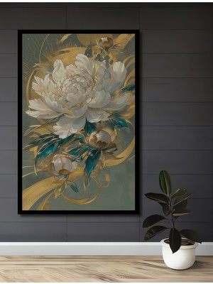 Teona Ahşap Çerçeve Görünümlü Zarif Şakayık Çiçeği Ahşap Mdf Dekoratif Ev Duvar Tablo Dikdörtgen Ev Duvar Tablo