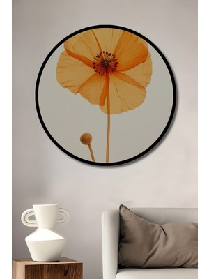 Teona Ahşap Çerçeve Görünümlü Turuncu Gelincik Çiçeği Dekoratif Ahşap Mdf Ev Duvar Tablo Yuvarlak Ev Duvar Tablo