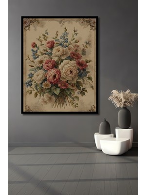 Teona Ahşap Çerçeve Görünümlü Vintage Çiçek Buketi Ahşap Mdf Dekoratif Ev Duvar Tablo Dikdörtgen Ev Duvar Tablo