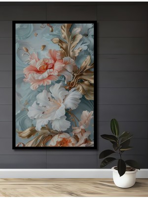 Teona Ahşap Çerçeve Görünümlü Romantik Çiçek Desenli Dekoratif Ahşap Mdf Tablo Dikdörtgen Tablo