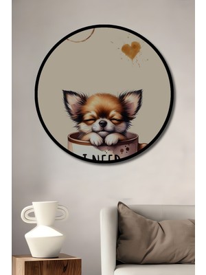 Teona Ahşap Çerçeve Görünümlü Kahve Seven Yavru Köpek Dekoratif Ahşap Mdf Ev Duvar Tablo Yuvarlak Ev Duvar Tablo
