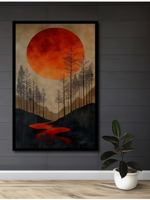 Teona Ahşap Çerçeve Görünümlü Kırmızı Ay Derin Orman Dekoratif Ahşap Mdf Tablo Dikdörtgen Tablo