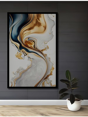 Teona Ahşap Çerçeve Görünümlü Altın ve Mavi Dalgalar Dekoratif Ahşap Mdf Tablo Dikdörtgen Tablo