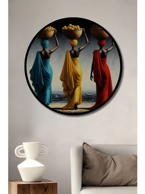 Teona Ahşap Çerçeve Görünümlü Renkli Kadın Silüetleri Ahşap Mdf Dekoratif Ev Duvar Tablo Yuvarlak Ev Duvar Tablo