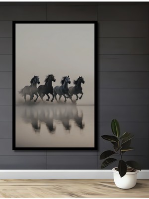 Teona Ahşap Çerçeve Görünümlü Dörtnala Koşan Atlar Ahşap Mdf Dekoratif Ev Duvar Tablo Dikdörtgen Ev Duvar Tablo