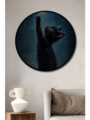 Teona Ahşap Çerçeve Görünümlü Yıldızlara Uzanen Kedi Dekoratif Ahşap Mdf Ev Duvar Tablo Yuvarlak Ev Duvar Tablo