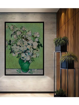 Teona Ahşap Çerçeve Görünümlü Van Gogh Beyaz Güller Dekoratif Ahşap Mdf Ev Duvar Tablo Dikdörtgen Ev Duvar Tablo