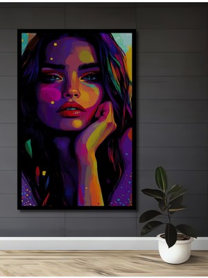 Teona Ahşap Çerçeve Görünümlü Renkli Kadın Portresi Dekoratif Ahşap Mdf Ev Duvar Tablo Dikdörtgen Ev Duvar Tablo
