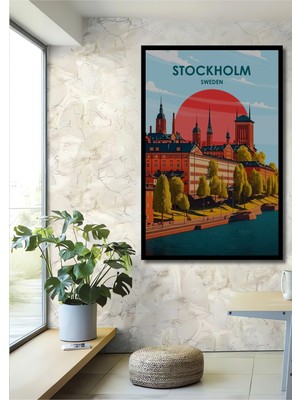 Teona Ahşap Çerçeve Görünümlü Stockholm Manzarası Dekoratif Ahşap Mdf Ev Duvar Tablo Dikdörtgen Ev Duvar Tablo