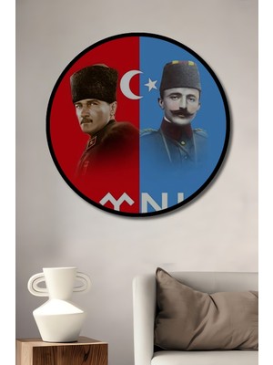 Teona Ahşap Çerçeve Görünümlü Atatürk ve Enver Paşa Ahşap Mdf Dekoratif Ev Duvar Tablo Yuvarlak Ev Duvar Tablo