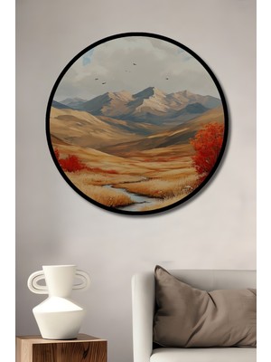 Teona Ahşap Çerçeve Görünümlü Sonbahar Dağ Manzarası Dekoratif Ahşap Mdf Ev Duvar Tablo Yuvarlak Ev Duvar Tablo