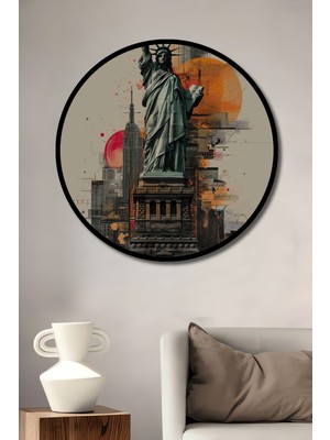 Teona Ahşap Çerçeve Görünümlü Özgürlük Heykeli Modern Ahşap Mdf Dekoratif Ev Duvar Tablo Yuvarlak Ev Duvar Tablo